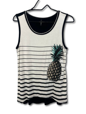 Edista Pineapple Tank Top Sleeves Shirt Black White Stripe Women’s Size PL